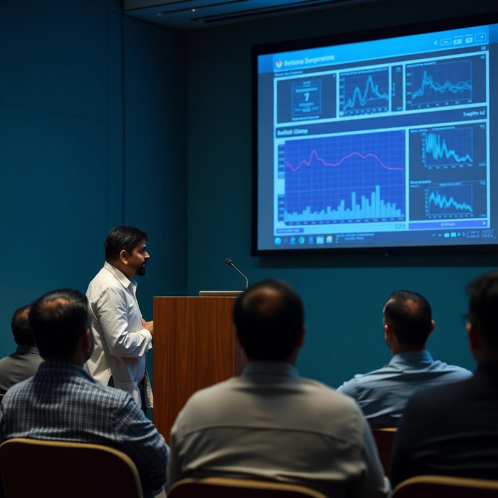Speaker presenting scientific data to a seated symposium audience