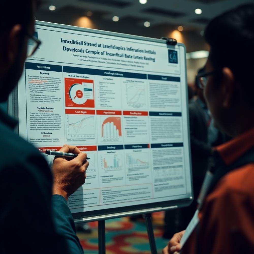 Hands annotating a printed scientific poster with a pen