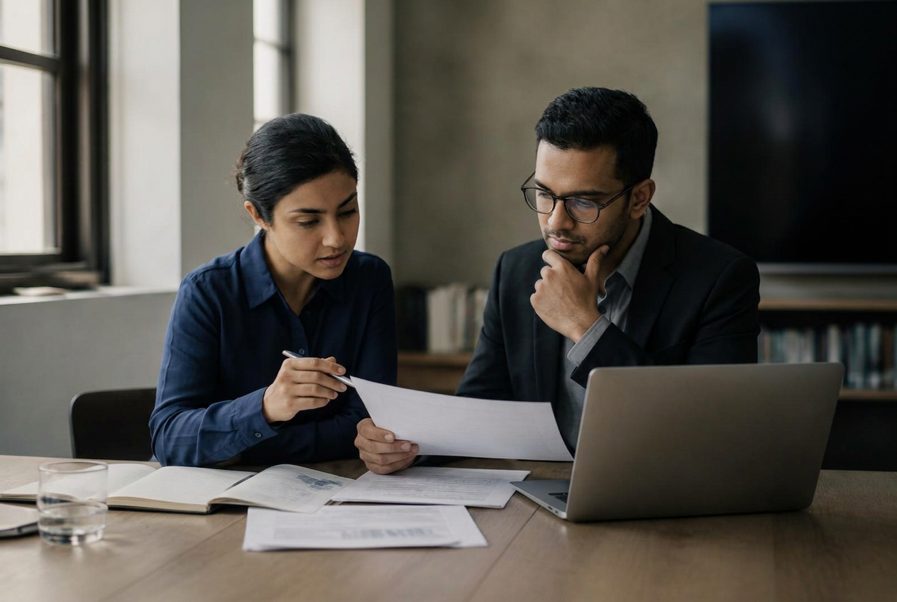 Two colleagues reviewing printed scientific documents and a laptop in natural light